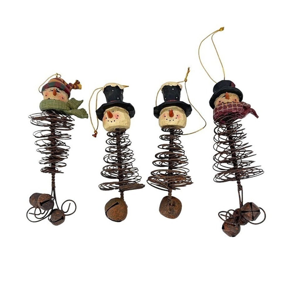 Snowman Christmas Tree Ornaments Wire Coil Jingle Bells Primitive Holiday 4 Pc
